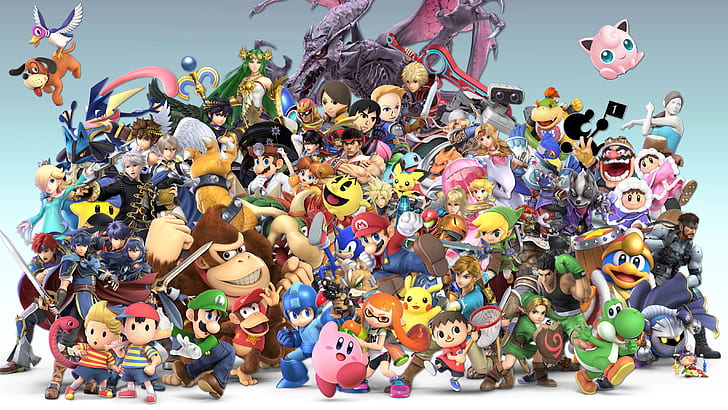 Video Oyunu, Super Smash Bros. Ultimate, Bowser, Bowser Jr., Kaptan Şahin, Kaptan Olimar, Charizard (Pokémon), Bulut Çatışması, Corrin (Ateş Amblemi), Kara Çukur (Çocuk Icarus), Diddy Kong, Donkey Kong, Dr.Mario, Ördek Avı, Falco Lombardi, Fox McCloud, Ganondorf, Greninja (Pokémon), Buz Tırmanıcıları (Nintendo), Ike (Ateş Amblemi), Inkling (Splatoon), Ivysaur (Pokémon), Jigglypuff (Pokémon), Kral Dedede, Kirby,Link, Küçük Mac (Punch-Out !!), Lucario (Pokémon), Lucas (Anne), Lucina (Yangın Amblemi), Luigi, Luma (Mario), Mario, Marth (Yangın Amblemi), Mega Adam, Meta Şövalye, Mewtwo(Pokémon), Mii Brawler, Mii Gunner, Mii Kılıççı, Bay Oyun ve Saat, Ness (EarthBound), Pac-Man, Palutena (Çocuk Icarus), Pichu (Pokémon), Pikachu, Çukur (Çocuk Icarus), Pokémon Eğitmeni, PrensesPapatya, Prenses Şeftali, ROB(Super Smash Bros.), Robin (Ateş Amblemi), Rosalina (Süper Mario), Roy (Ateş Amblemi), Ryu (Sokak Dövüşçüsü), Samus Aran, Şeyh (Zelda Efsanesi), Katı Yılan, Sonic the Hedgehog, Squirtle(Pokémon), Toon Bağlantısı, Köylü (Hayvan Geçişi), Wario, Wii Fit Eğitmeni, Kurt O'Donnell, Yoshi, Genç Bağlantı, Zelda, HD masaüstü duvar kağıdı