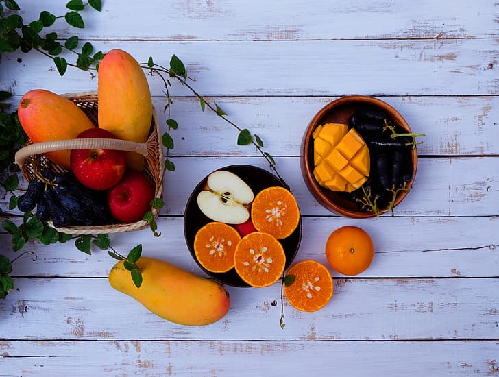 maçãs, frutas, frescas, madeira, frutas, mamão, tangerinas, HD papel de parede