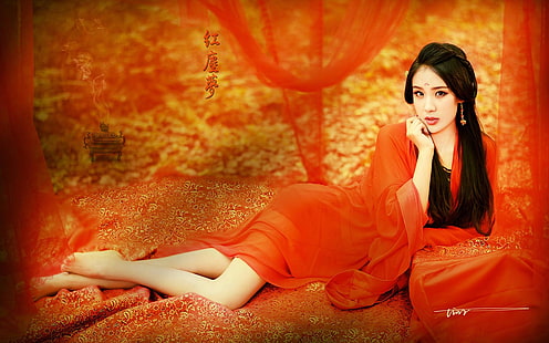آسيوي ، هانفو ، فستان صيني ، شعر طويل ، فستان أحمر، خلفية HD HD wallpaper