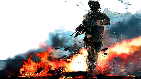żołnierz trzymający plakat karabinu szturmowego, Call of Duty, Call of Duty Modern Warfare 2, karabin maszynowy, gry wideo, żołnierz, wojna, Tapety HD HD wallpaper