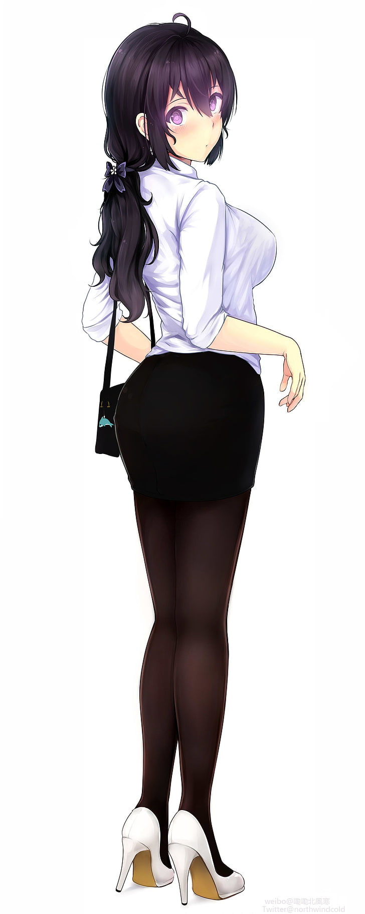 ilustrasi karakter anime wanita berambut ungu, anime, anime girls, rok, stocking, rambut panjang, rambut hitam, mata ungu, Miyaura Sanshio, big boobs, Wallpaper HD, wallpaper seluler