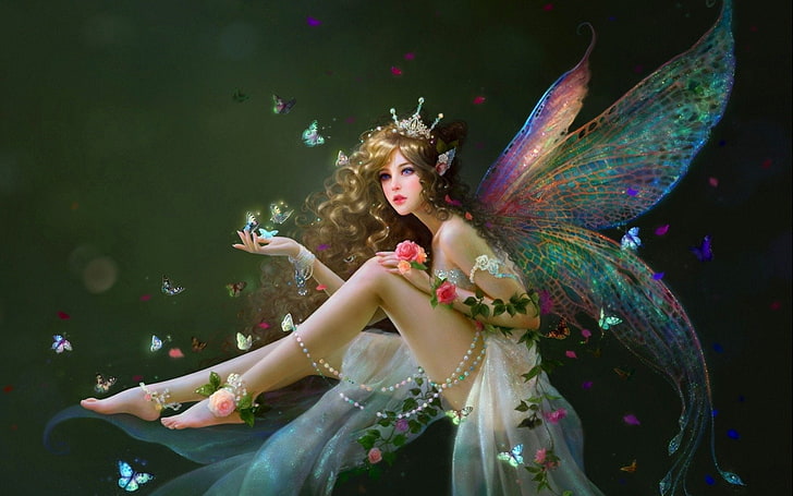 Fantaisie, fée, papillon, fille, perle, ailes, femme, Fond d'écran HD