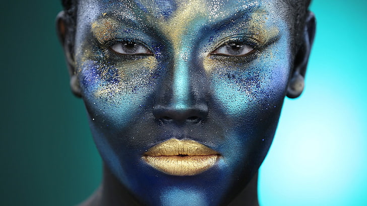 women, glitter, face, face paint, makeup, model, HD wallpaper