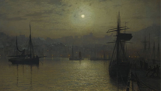 kapal, gambar, pelabuhan, John Atkinson Grimshaw, Old Scarborough.Bulan purnama.Pasang, Wallpaper HD HD wallpaper