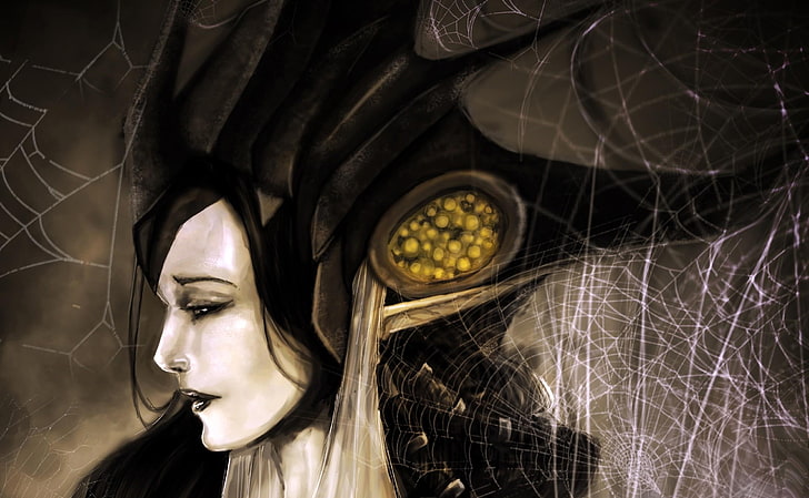 woman wearing crown and web painting, girl, profile, sadness, cobweb, HD wallpaper