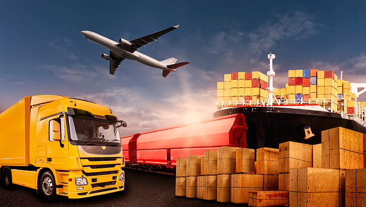the sky, red, yellow, ship, photoshop, train, port, truck, boxes, the plane, container, HD wallpaper