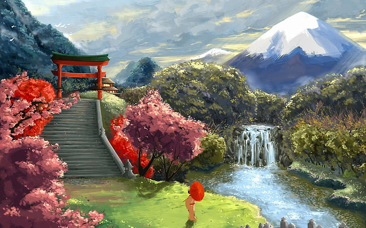 Japon, montagnes, escaliers, parapluie rouge, Fond d'écran HD
