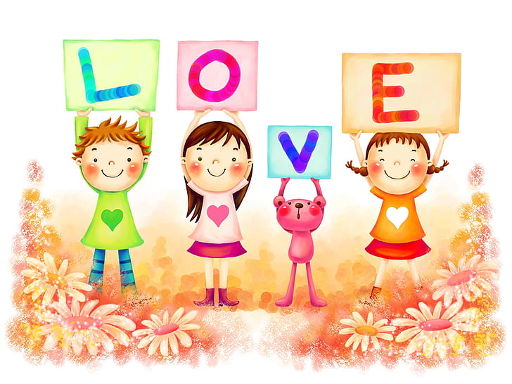 Love Party HD, one cat and three toddlers love illustration, love, party, HD wallpaper