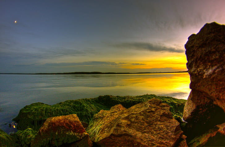 landscape photography of rock near body of water during golden hour, earth, moon, landscape photography, body of water, golden hour, water  moss, sky, clouds, twilight, evening, sunset, astrophotography, hdr, color, weather, reflection, lake  shore, canon, nature, sea, rock - Object, landscape, coastline, beach, dusk, outdoors, scenics, HD wallpaper