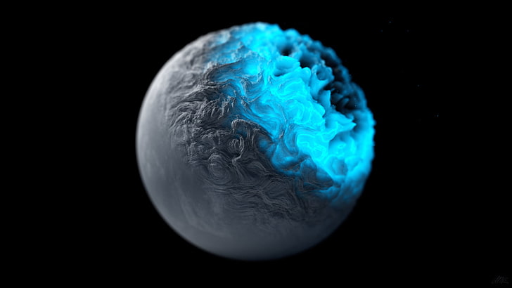 planète grise et bleue, CGI, art numérique, Fond d'écran HD