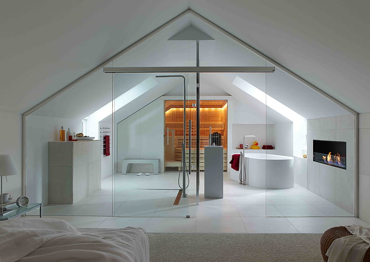 szkło, projekt, dom, styl, pokój, willa, wnętrze, sauna, łazienka, luksusowa biała szklana łazienka z nowoczesnym wnętrzem, Tapety HD