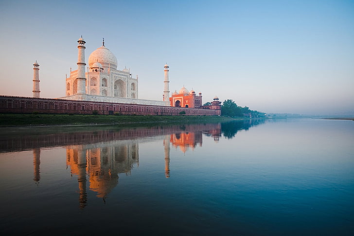vit moské, monument, Taj Mahal, Agra, byggnad, kupol, Indien, monument, reflektion, vatten, vit, HD tapet