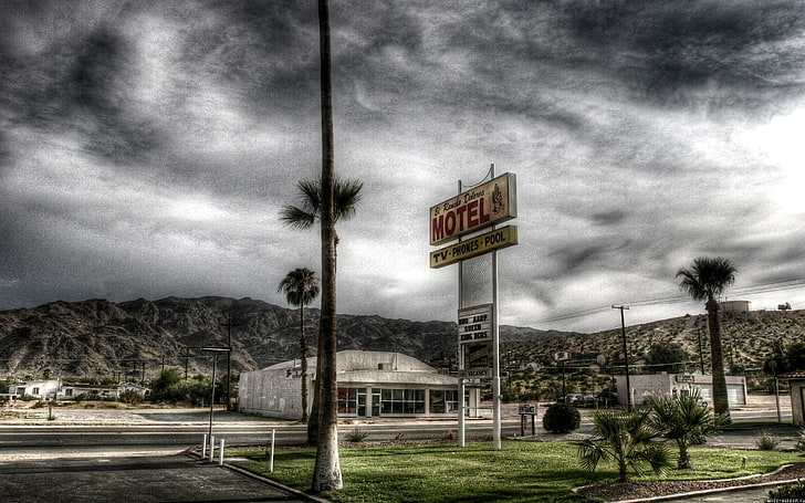 Signalisation de motel, paysage urbain, HDR, motel, palmiers, Fond d'écran HD