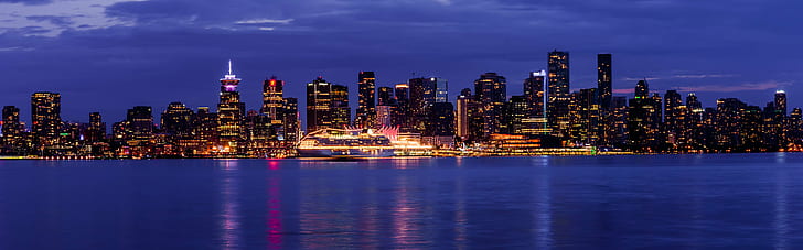 lighted building near blue body of water photo, Port City, building, blue, body of water, photo, Vancouver, Cruise Ship, Harbour, Twilight, Clouds, Skyline, Seascape, Sea, Oceanfront, British Columbia, Canada, Lonsdale  Quay, Reflections, Blue  Gold, Scene, Night  Long, Long Exposure, Panorama, Pano, City Lights, Lonsdale Quay, North Vancouver, night, urban Skyline, skyscraper, cityscape, downtown District, city, uSA, architecture, new York City, urban Scene, dusk, reflection, illuminated, famous Place, building Exterior, built Structure, HD wallpaper