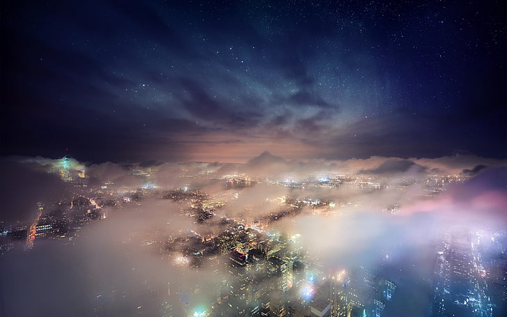 nuages ​​blancs, photographie aérienne de la ville avec des brouillards, paysage, nature, brume, paysage urbain, nébuleuse, nuit étoilée, gratte-ciel, lumières, New York City, architecture, Fond d'écran HD