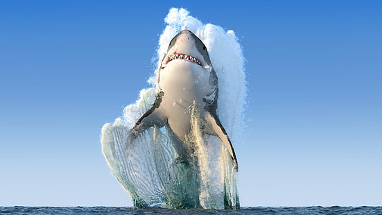gran tiburón blanco, animales, mar, tiburón, saltando, colmillos, horizonte, cielo despejado, arte digital, agua, salpicaduras, cian, luz solar, Fondo de pantalla HD HD wallpaper