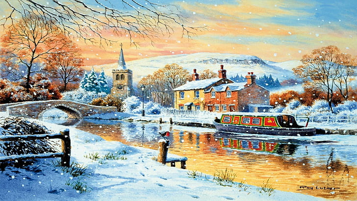 English Canal Boat Winter, village, church, boat, snow, canal, river, winter, robin, bridge, HD wallpaper