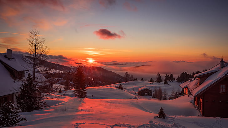 by, vinter, snö, bergsby, soluppgång, gryning, morgon, röd himmel, berg, falkertsee, österrike, HD tapet