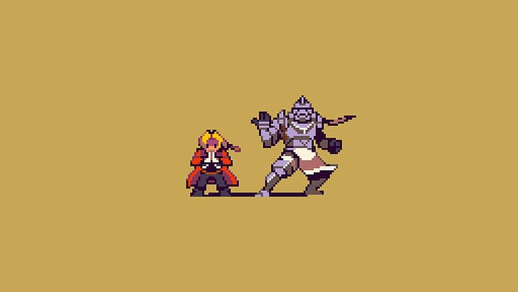 pixelated, pixel art, Full Metal Alchemist, Full Metal Alchemist Brotherhood, Elric Edward, Elric Alphonse, simple background, minimalism, armor, cape, braids, loincloth, loin cloth, gloves, white gloves, red cape, bangs, fighting stance, clapping, HD wallpaper