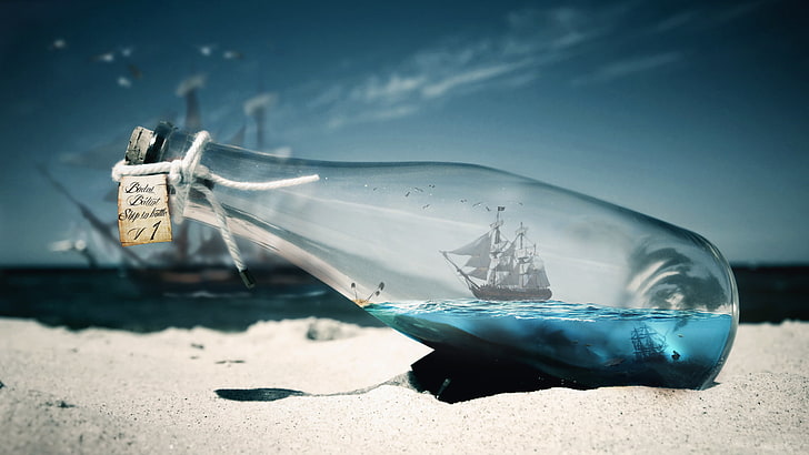 barco imposible botella, mar, tiburón, piratas, Bálint Budai, barco, arte digital, botellas, Fondo de pantalla HD