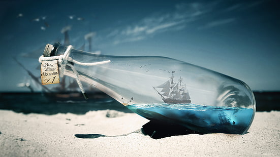 корабль невозможная бутылка, море, акула, пираты, Bálint Budai, корабль, цифровое искусство, бутылки, HD обои HD wallpaper