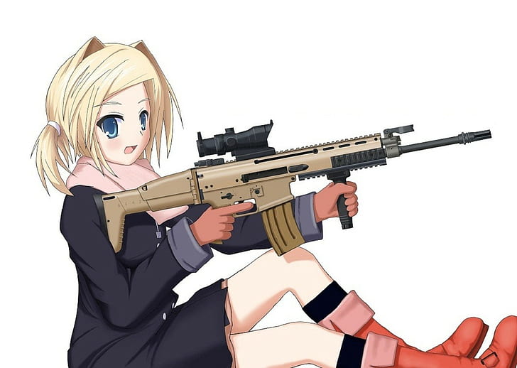 anime girls, gun, FN SCAR, weapon, anime, HD wallpaper