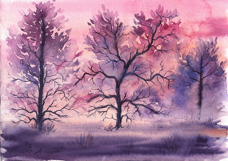 purple trees digital wallpaper, grass, trees, watercolor, painted landscape, HD wallpaper