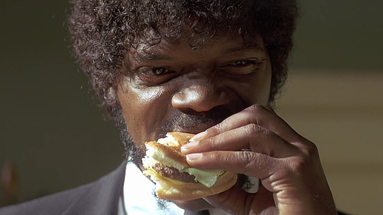 filmy pulp fiction samuel l jackson aktorzy twarze jedzący duży mac smaczny burger 1920x1080 wallpape ludzie aktorzy Sztuka HD, filmy, Pulp Fiction, Tapety HD HD wallpaper