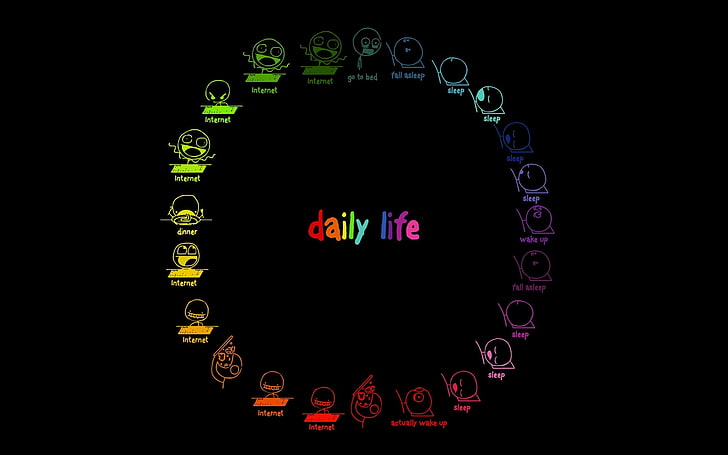 Schwarzer Hintergrund mit mehrfarbiger Textüberlagerung, Computer, Internet, Leben, Minimalismus, digitale Kunst, bunt, Typografie, HD-Hintergrundbild