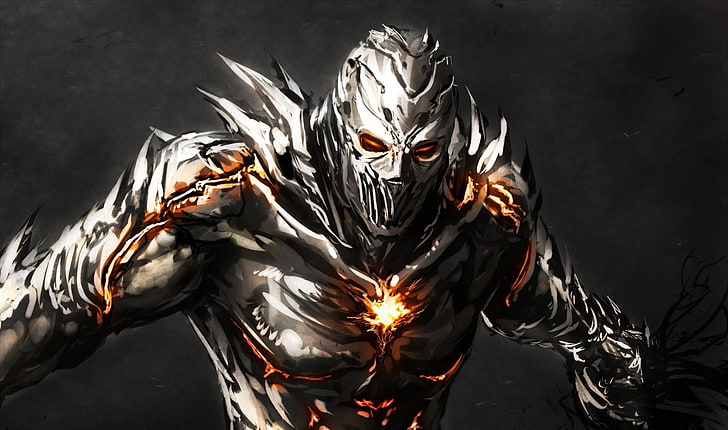 Ilustración de personaje guerrero, monstruo, hierro, crack, fuego, agresión, Fondo de pantalla HD