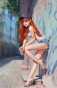  artwork, digital art, _MuSi_, drawing, women, redhead, baseball cap, short shorts, graffiti, portrait display, HD wallpaper HD wallpaper