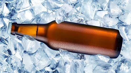 brown bottle, beer, BACKGROUND, DROPS, ICE, GLASS, LIQUID, TUBE, BOTTLE, MACRO, CUBES, COVER, PIECES, HD wallpaper HD wallpaper