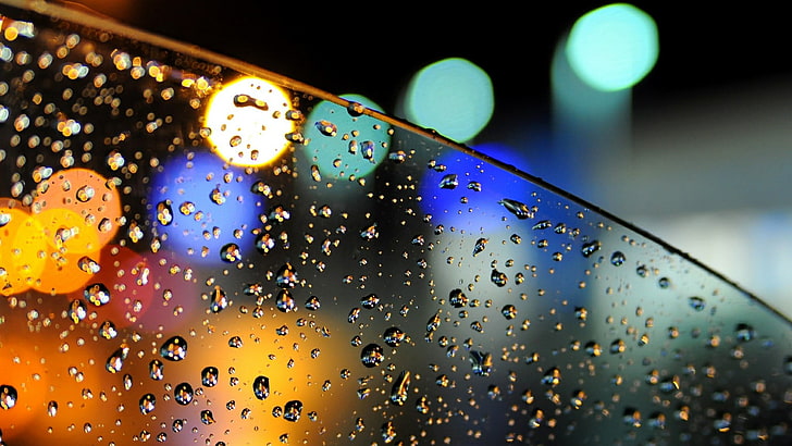 water, droplet, close up, bokeh, lights, drop, glass, rain, raindrops, macro photography, window, car glass, HD wallpaper