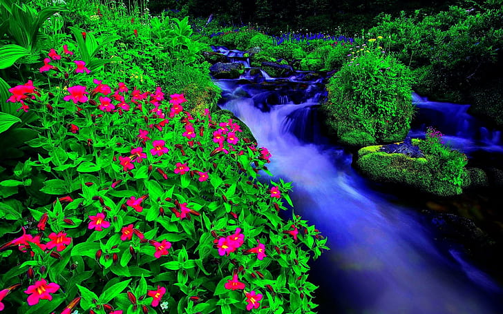 Spring Flow, spring, forest, stream, flowers, 3d and abstract, HD wallpaper