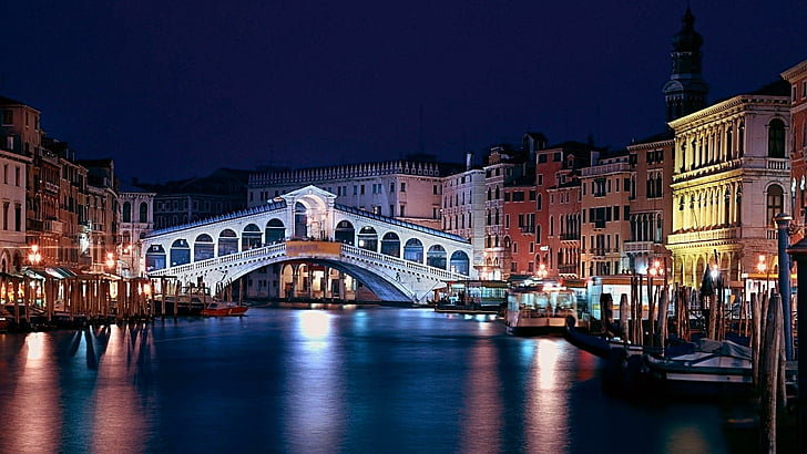нощ, Гранд канал, Венеция, Европа, канал, Италия, мост, HD тапет
