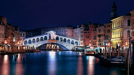 noite, grande canal, veneza, europa, itália, ponte, HD papel de parede HD wallpaper