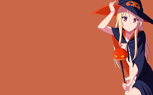Аниме девушки, Shiina Mashiro, оранжевый фон, блондинка, Хэллоуин, ведьма, аниме девушки, Shiina Mashiro, оранжевый фон, блондинка, Хэллоуин, ведьма, HD обои HD wallpaper