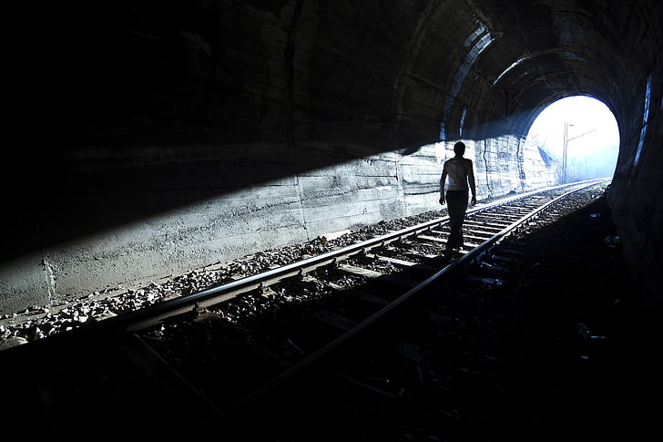 light, person, silhouette tunnel, Light at end of tunnel, HD wallpaper
