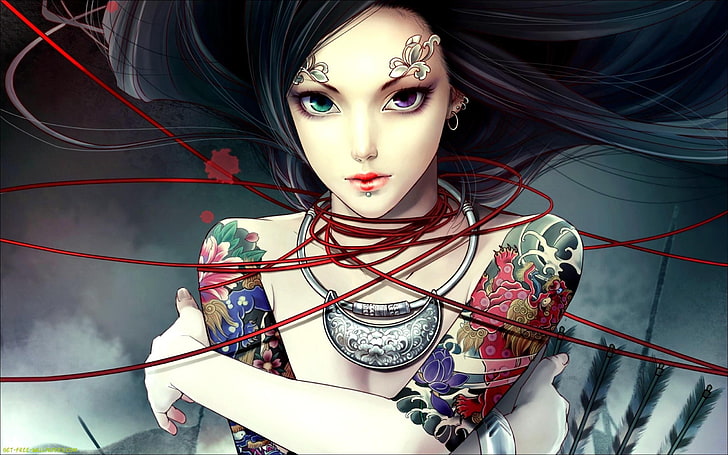 mujer con ilustración de dibujos animados de tatuaje, tatuaje, heterocromía, cabello negro, cabello oscuro, Jx Online, Fondo de pantalla HD