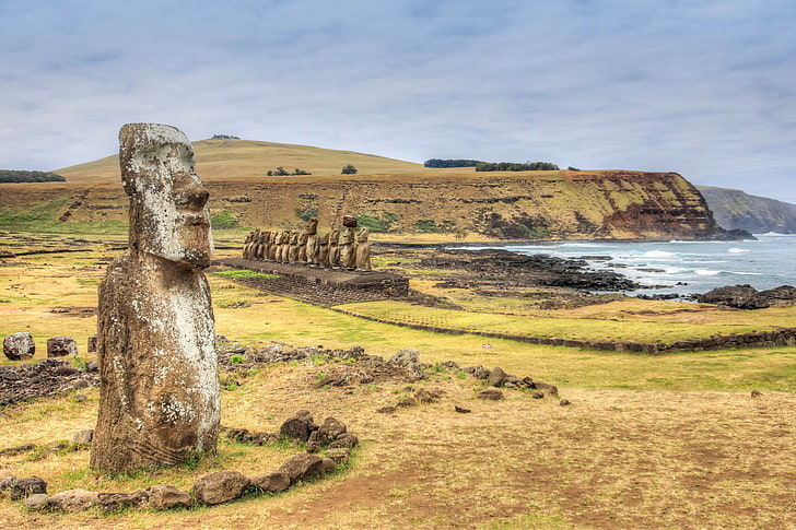 mare, cielo, rocce, isola di pasqua, statua, cile, rapa nui, moai, Sfondo HD