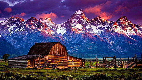 Grand Teton National Park, Barn, Mormon Barn, Moulton Barn, USA, Wyoming, morgon, gryning, antiloplägenheter, nationalpark, himmel, högland, moln, bergskedja, landmärke, bergslandskap, vildmark, berg, bergiga landformer , natur, HD tapet HD wallpaper
