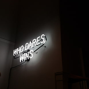 white who dared wins neon signage, neon, inscription, motivation, wall, text, bw, HD wallpaper HD wallpaper