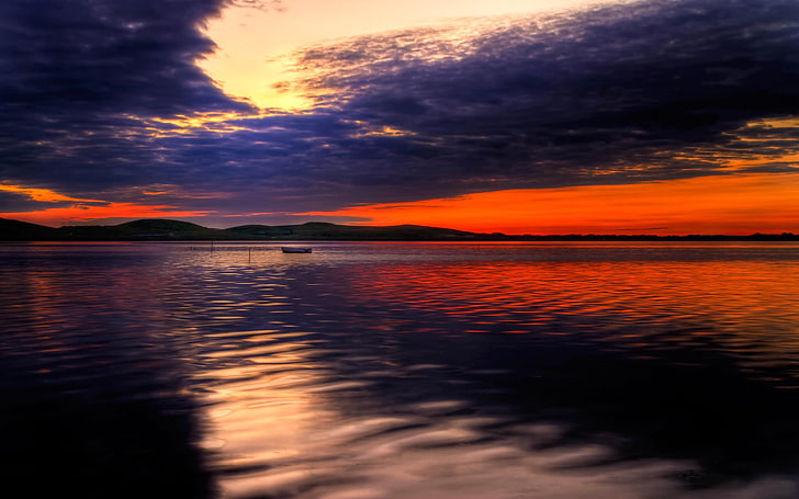 body of water, decline, evening, orange, twilight, sky, gleams, boat, HD wallpaper