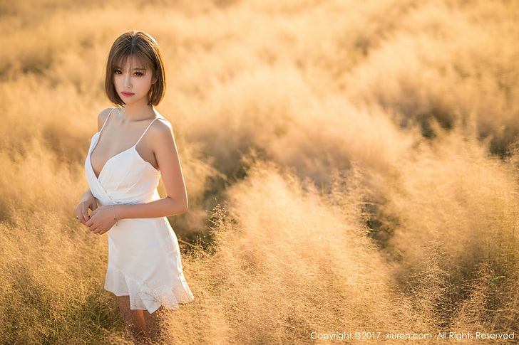 biała sukienka damska na ramiączkach typu spaghetti, damska, azjatycka, krótkie włosy, Tapety HD