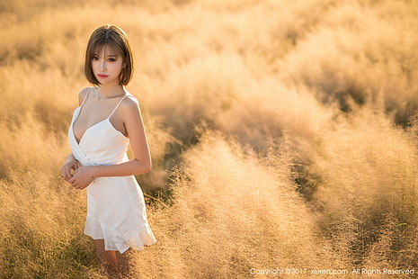 robe blanche à bretelles fines pour femmes, femmes, asiatique, cheveux courts, Fond d'écran HD HD wallpaper