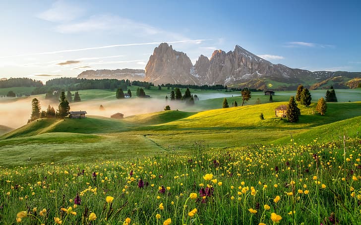 trees, flowers, mountains, dawn, morning, village, Italy, houses, meadows, buttercups, The Dolomites, South Tyrol, Dolomites, Alpe Di Siusi / Seiser Alm, The Alpe di Siusi, HD wallpaper