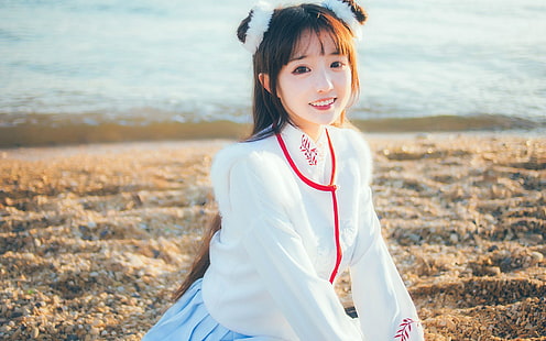 Chinese dress, hanfu, Asian, white clothing, pebbles, HD wallpaper HD wallpaper