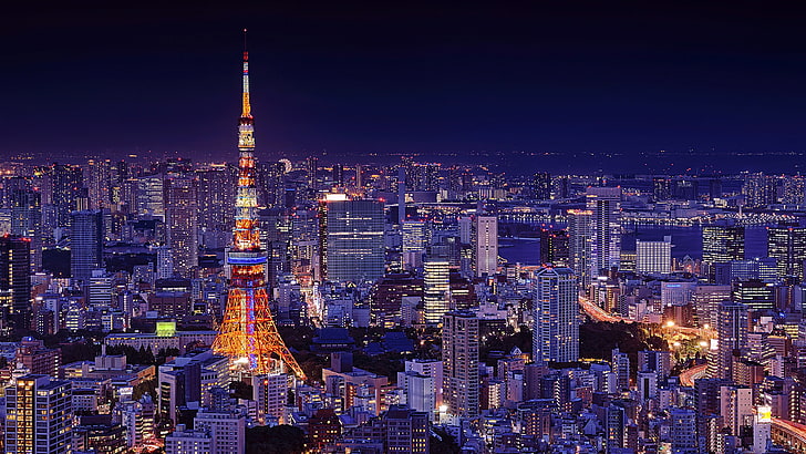 токио, башня токио, япония, азия, городской пейзаж, огни города, ночь, мегаполис, горизонт, HD обои