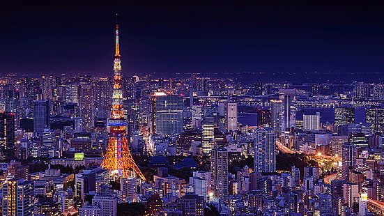 Tokio, Torre de Tokio, Japón, Asia, paisaje urbano, luces de la ciudad, noche, metrópoli, horizonte, Fondo de pantalla HD HD wallpaper