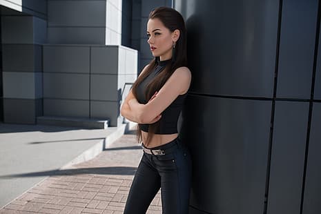  girl, wall, long hair, breast, photo, photographer, blue eyes, model, lips, face, brunette, body, pose, belly, chest, tummy, hips, portrait, pants, navel, mouth, makeup, red lipstick, skinny, black pants, slim, tank top, lipstick, hairstyle, leather pants, straight hair, bare shoulders, Katya, black tops, topic, Dmitry Sn, looking away, arms crossed, short tops, looking into the distance, Dmitry Shulgin, Ekaterina Kononova, HD wallpaper HD wallpaper